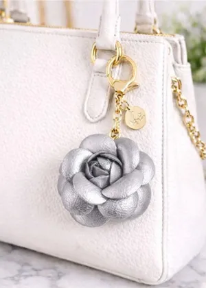 NEW Camellia Rose Bag Charm Keychain | Silver Vegan Leather Floral Charm thumbnail 1