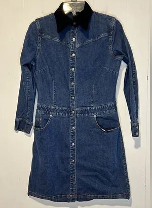 Eddie Bauer Denim Dress with Black Velvet Collar Long Sleeves Pockets 072726 thumbnail 1