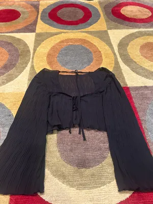 Black Sheer Open Back Tie Cutout Wide Sleeve Long Sleeve Crop Top Blouse Shirt thumbnail 2