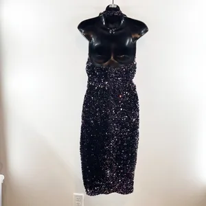 Bardot Sequin Halter Cutout Knee Length Dress Black Multi XS thumbnail 4