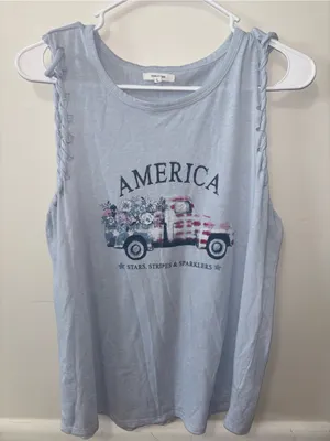 Maurices Light Blue 'America' Graphic Tank with Braided Shoulders thumbnail 1