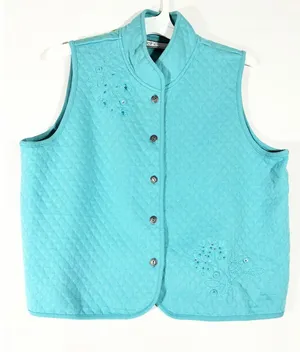 KT Classics Quilted Floral Embroidered Vest Women L Turquoise Shabby Chic Comfy thumbnail 1