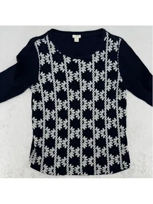 J Crew Lightweight Sweater Navy Blue Cream Embroidery Preppy Daisy Size Medium thumbnail 2