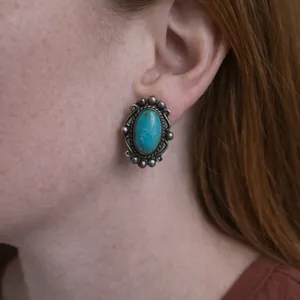 Vintage Turquoise and Silver Oval Earrings thumbnail 1