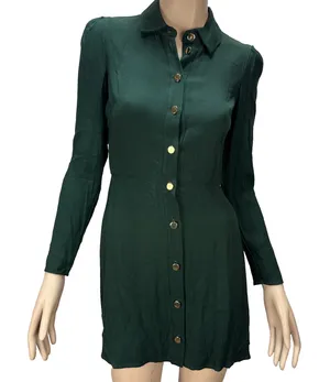 Reformation‎ Hugh Mini Shirt Dress Size 2 Forest Green Gold Buttons Long Sleeve thumbnail 1