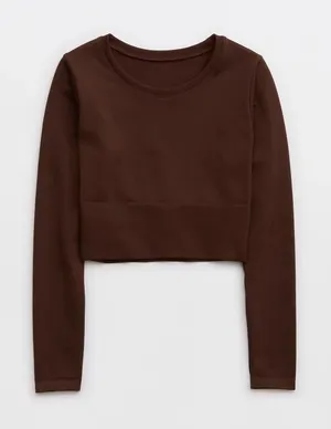 Aerie OFFLINE Sidewalk Seamless Long Sleeve Cropped T Shirt Brown Medium thumbnail 1