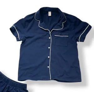 H&M Pajama‎ Set Navy Blue White Trim Size XS Shorts Short Sleeve Top Shirt Women thumbnail 1