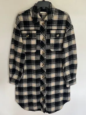 Mystree Women Black White Plaid Shacket Wool Blend Long‎ Shirt Jacket Size Small thumbnail 1
