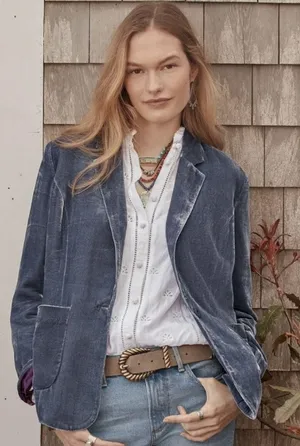 Sundance Women's Beau Blue Velvet Silk Lined Floral Blazer Jacket ,Size 4P, EUC thumbnail 1