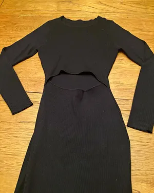 Women's Black Solid Ribbed Knit Maxi Dress Long Sleeve Crew Neck Regular M thumbnail 1