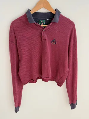 Vintage IZOD Polo Shirt Red Navy Distressed Cropped Long Sleeve 100% Cotton thumbnail 1