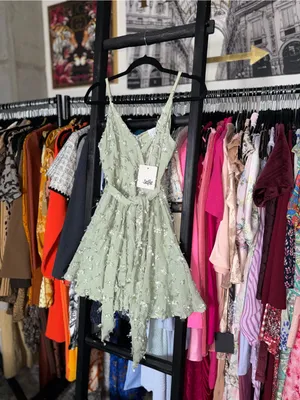 Selfie Leslie Sheri Embellished Chiffon Olive Wrap Mini Dress Medium New NWT thumbnail 7
