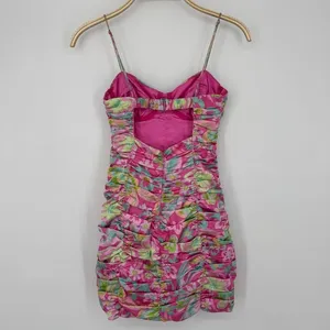 For Love and Lemons‎ Julien Cami Mini Dress XS Pink Floral Ruched Bodycon Cutout thumbnail 7