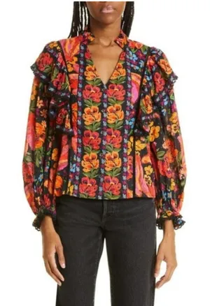 Farm Rio Black Spring Banana Colorful Ruffled Blouse Top NEW thumbnail 1