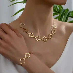 Boutique Clover Neckalce Bracelet Earring Set for Women 14K Gold Plated Stainless Steel thumbnail 2
