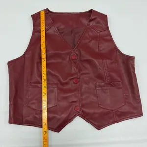 Burgundy Red Faux Leather Vest Button Front V-Neck Waistcoat with Pockets Large thumbnail 4