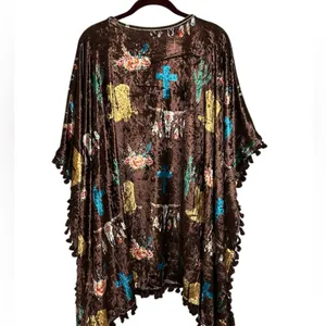 NWT Fashion U Brown Crushed Velvet Western Poncho With Tassels thumbnail 3