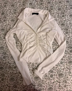 Urban Outfitters White Ribbed Ruched Long Sleeve Top thumbnail 1
