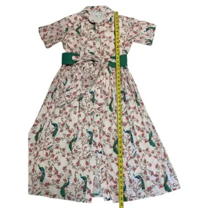 Beau & Ro Peacock Floral Block Print Cotton Midi Shirt Dress S Cream Green Boho thumbnail 10