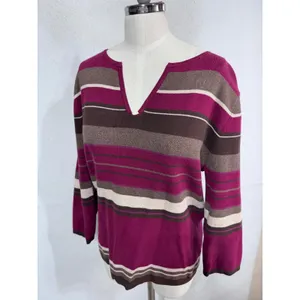 Croft & Barrow L‎ Purple Sweater Women's Striped V-Neck 3/4 Sleeve thumbnail 2