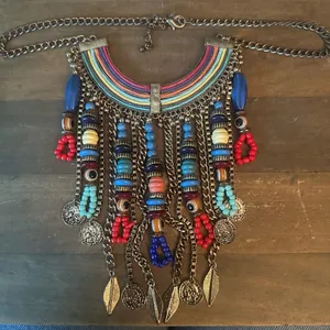 Aldo bohemian multi color bead fringe statement necklace thumbnail 2