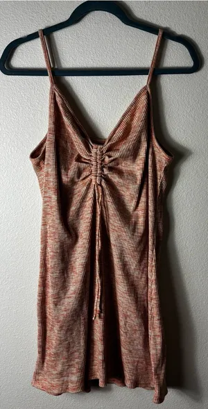 O’Neill Ribbed Mini Dress M Rust Orange Marled Cinched Front Tie thumbnail 1