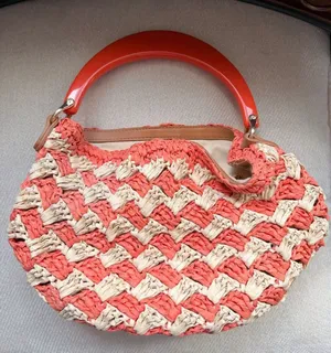 Cute Mini Straw Raffia Crochet Handbag Peach White Coral Purse Beach Boho Bag thumbnail 1