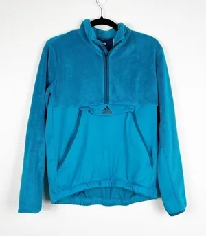 Adidas‎ Womens 1/4 Zip Fleece Pullover Blue Teal Kangaroo Pocket Jacket Size M thumbnail 1