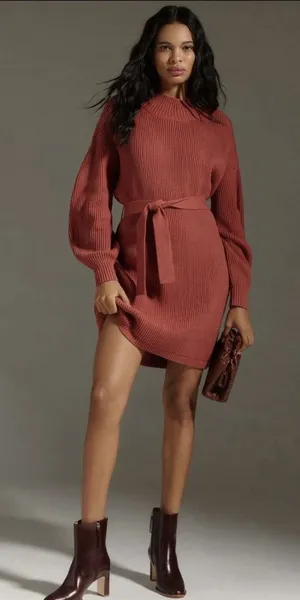 Anthropologie Maeve Mini Dress Cedar Long Sleeve Mock Neck Tie Waist XL NWT‎ thumbnail 1