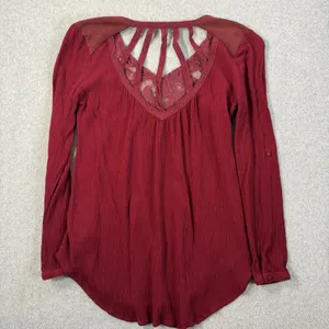 Miss Me Women's XS Burgundy Cut Out Lace V-Neck Blouse Roll Tab Long Sleeve thumbnail 11