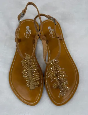 GC Shoes Andrea Beaded T-Strap Slingback Sandals Tan Gold Womens Size 7 Flat‎ thumbnail 1