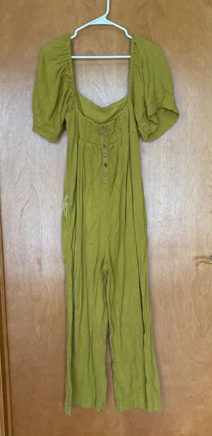 Free People Jumpsuit Womens Size 4 Mustard Yellow Puff Sleeve Wide Leg Textured‎ thumbnail 1