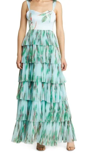 HUTCH Anthropologie Mariah Floral‎ Pleated Tulle Maxi Blue Dress Sz 2 thumbnail 1