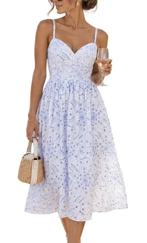 Lulus Floral Eyelet Embroidered Midi Dress Small White Blue Preppy Party Greece thumbnail 1