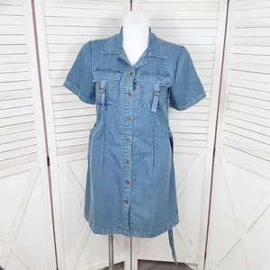 Indulge Chambray Button Up Belted‎ Short Sleeve Shirt Dress Denim Blue Large thumbnail 5