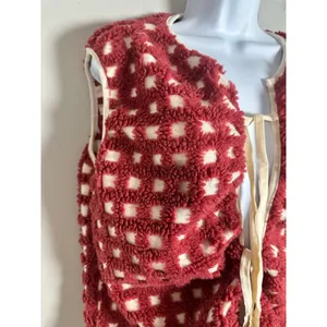 Anthropologie Red Checkered Fleece Tie Front Vest One Size OS JK THINGS VEST thumbnail 7