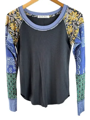 We The Free People Bright Side Patchwork Thermal Top Small Bandana Boho Blue thumbnail 3