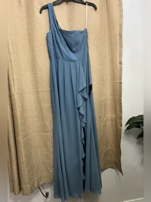 Lulu's Dusty Blue One-Shoulder Ruffle Evening Gown thumbnail 5