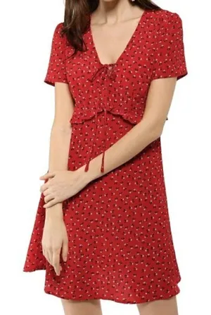 Allegra K Cherry Red Floral‎ Ruffle Trim Short Sleeve Mini Dress S thumbnail 1