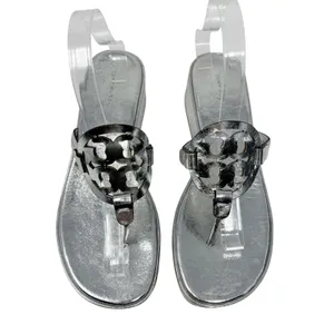 Tory Burch Miller Silver Metallic Leather Platform Wedge Sandals Logo Thong 9 thumbnail 3