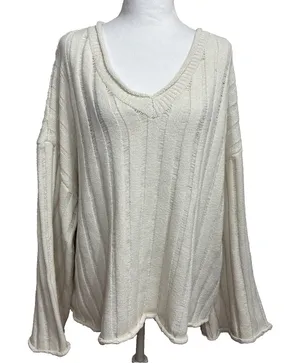 Rolled Hem Sweater Cream V-Neck‎ Wide Ribbed Casual Boho Office Neutral Plus 3XL thumbnail 1