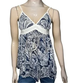 E-KLAH Women’s S Blue White Printed Babydoll Spaghetti Strap Camisole Tank Top thumbnail 1