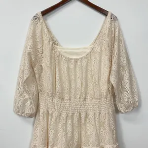 Allison Britney Beige Cream Lace Tiered Lined‎ Midi Dress Sz L Boho Off Shoulder thumbnail 3