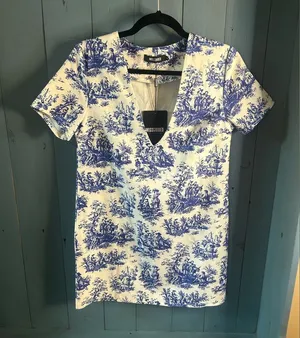 New Missguided White Dress with Blue Toile Print | Size Medium thumbnail 1