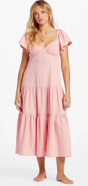 Billabong Last Light Dress Pink Size Large Flutter Sleeve Midi Boho thumbnail 1