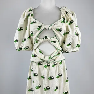 NWOT Farm Rio Linen Blend Cutout Tie Front Embroidered Tiered Midi Dress Size XS thumbnail 3