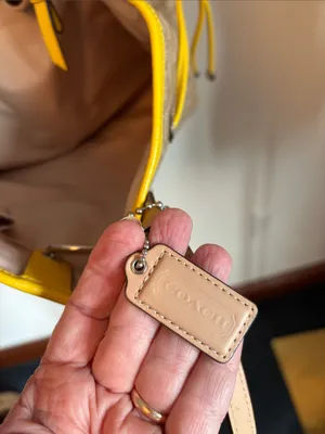 Coach Beige Signature Canvas Tote with Yellow Center Stripe and Tan Handles thumbnail 9