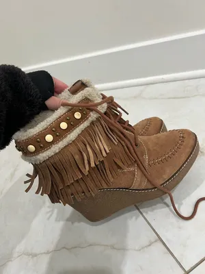 Sam Edelman Mocha Kemper Fringe Wedge Lace Up Booties Size 8 US $150 thumbnail 5