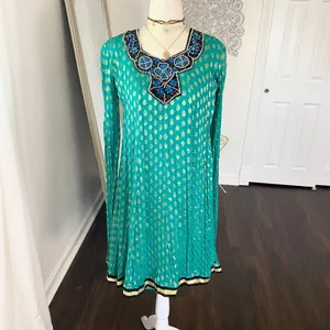 Source Unknown Turquoise and Gold Embroidered Blue Beaded Indian Silk Kameez Dress XS / 34 thumbnail 2