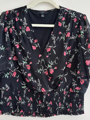 Haver London Smocked Waist Floral Flowy Blouse, Black/Pink, Size Large thumbnail 3